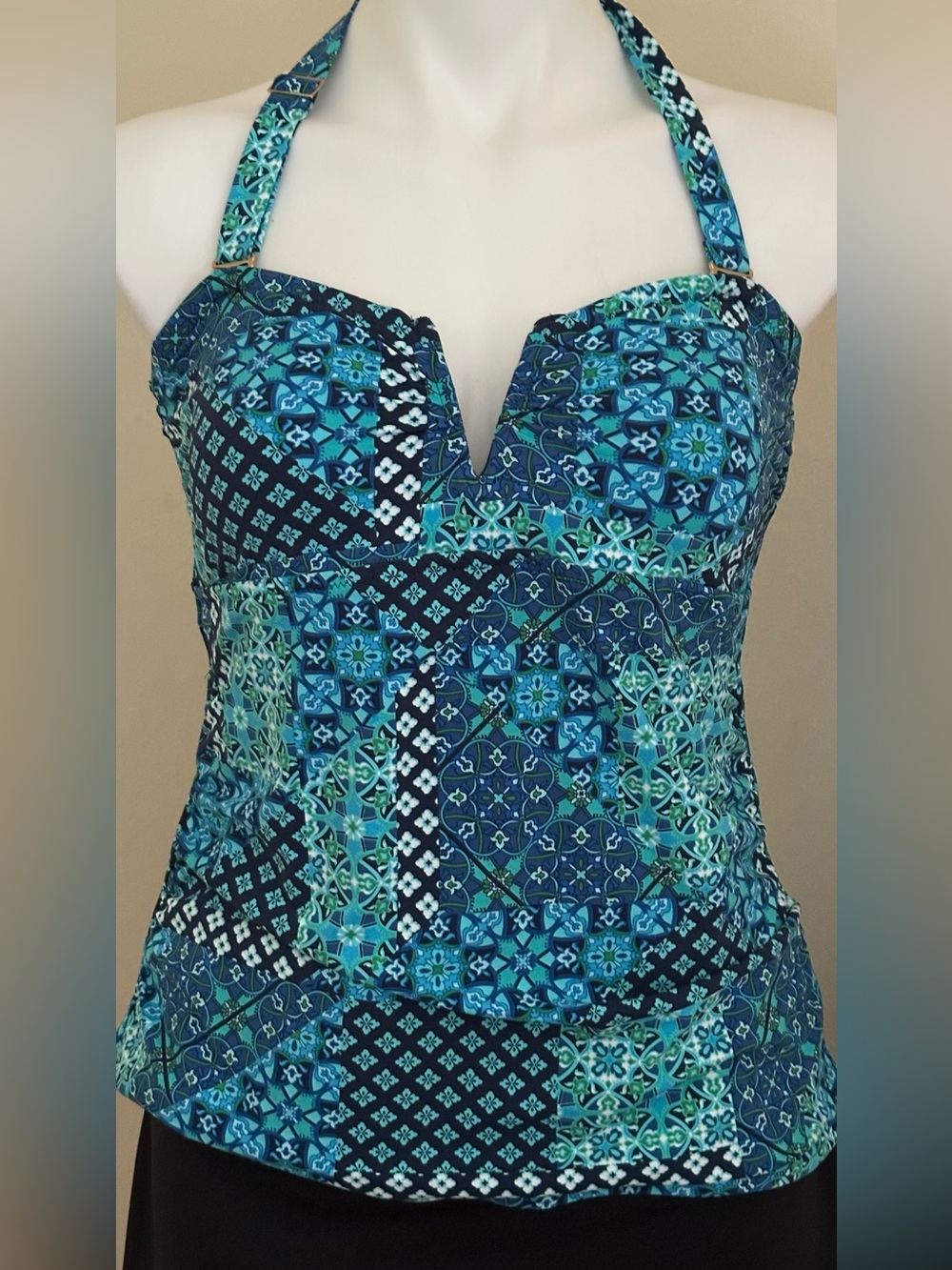 LANDS END Blues white & Black Geometric Patchwork Halter Tankini Top Swim Sz 10D